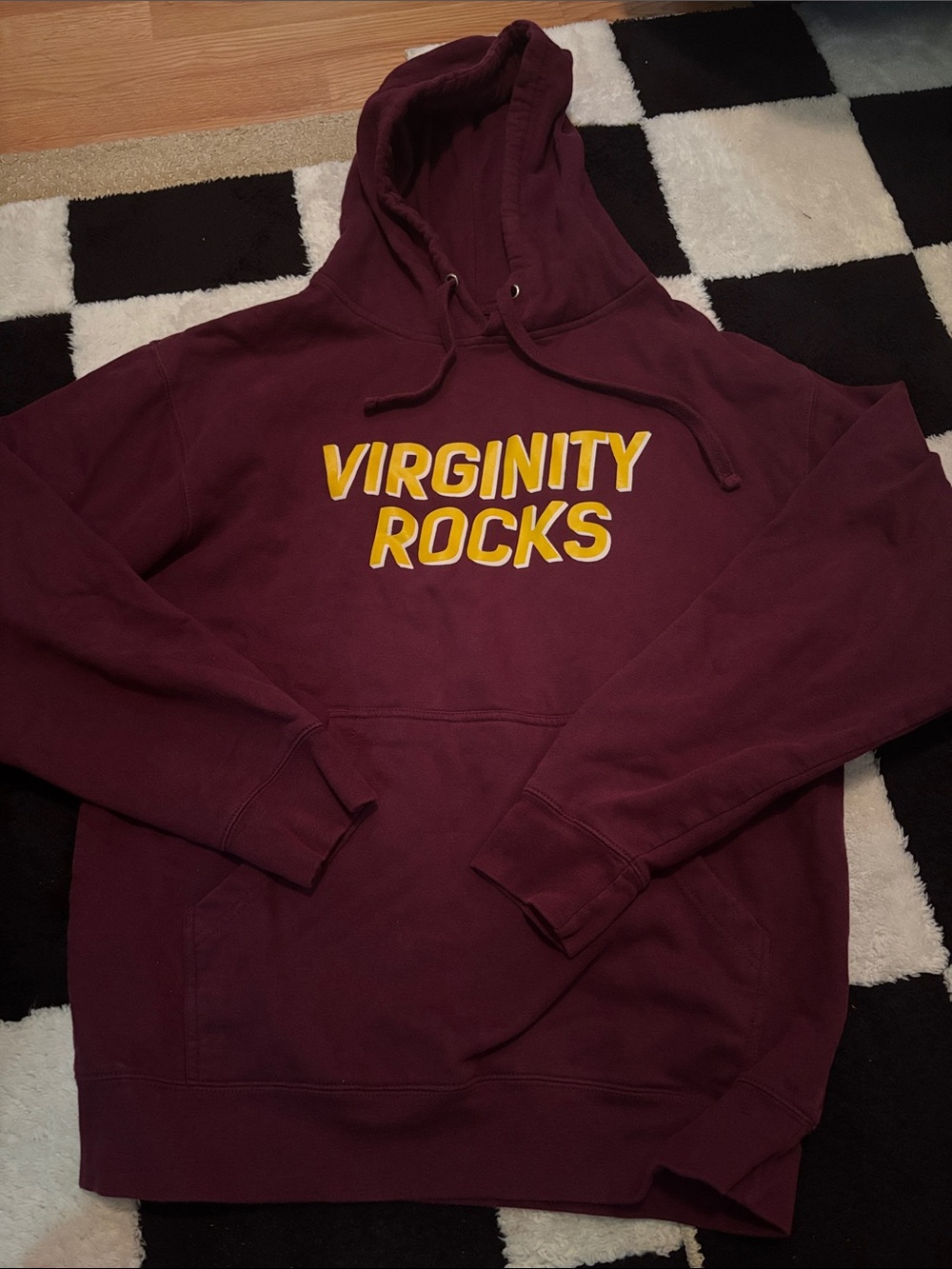 Maroon Hooded Sweatshirt with Yellow 'Virginity Rocks' Graphic
